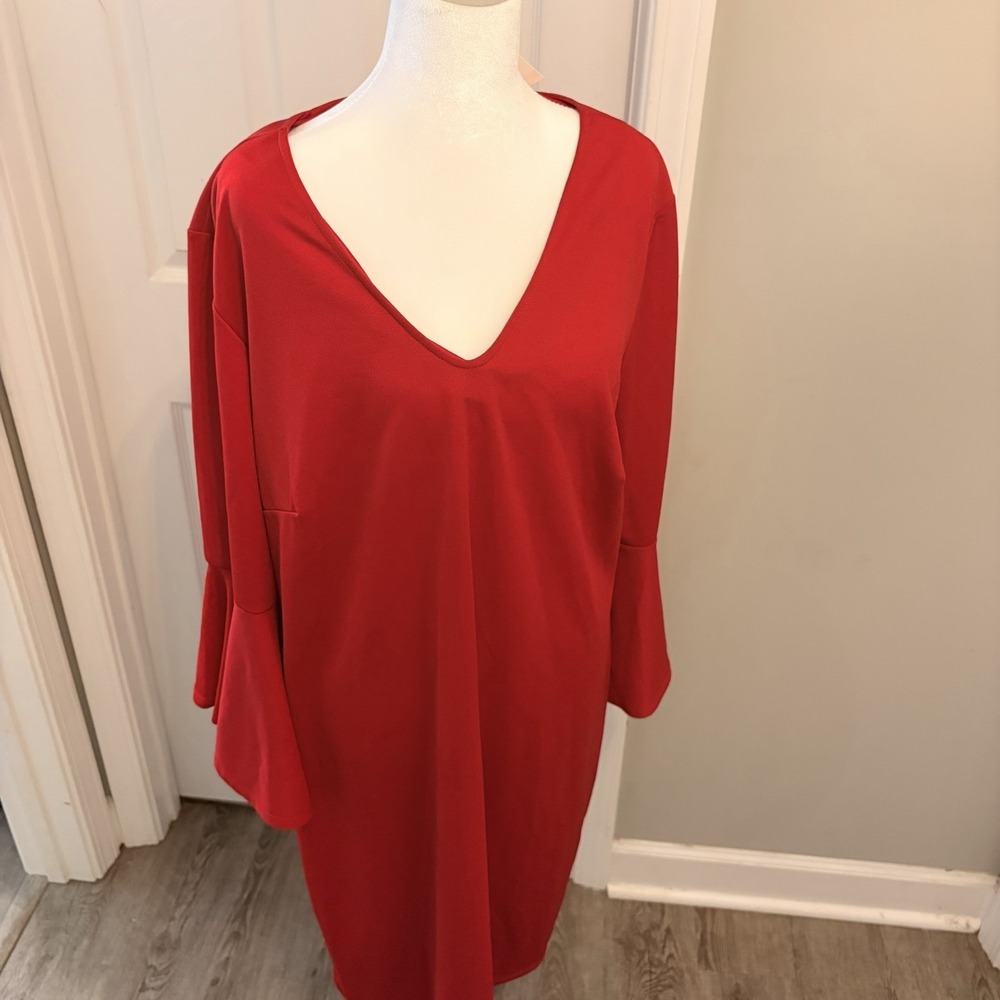 Olivia Matthews NWT V-Neck Bell Sleeve Shift Dress 2X Ruby Red Wedding Cocktail